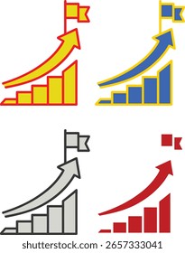Farbige Wachstumskurven mit Markierungen und Pfeilen, die Geschäftserfolg, Umsatzfortschritt, finanzielle Verbesserung, Zielverfolgung, Meilensteinerreichung und Performance-Visualisierung darstellen