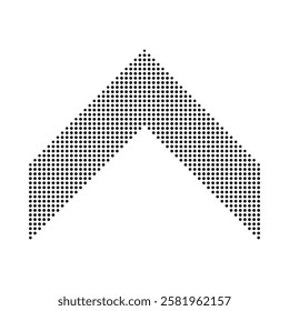 Upward chevron stripe, halftone dots icon. A black v-shape symbol. Isolated on a white background.