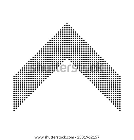 Upward chevron stripe, halftone dots icon. A black v-shape symbol. Isolated on a white background.