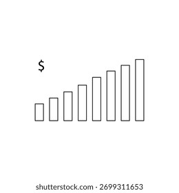 Icono de gráfico de barras de dólares al alza que refleja el aumento del negocio y el avance financiero.