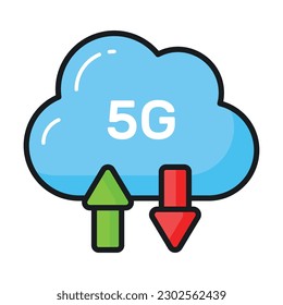 Flecha hacia arriba y hacia abajo con nube que muestra el vector de concepto de sincronización en nube con velocidad de 5G