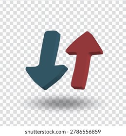 Upward and downward arrows representing data transfer in glossy 3D illustration style isolated on transparent background. Ideal for upload, download, synchronization, and network concepts.
