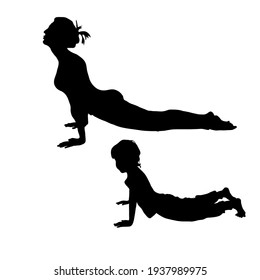 Upward facing dog pose. Urdhva mukha svanasana yoga. Vector silhouette woman and child isolated white background. Mom and son doing yoga. The girl lies on her stomach with her back bent in lower back
