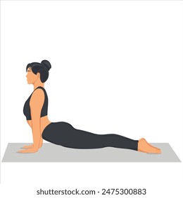 Upward Facing Dog Yoga pose. Young woman practicing yoga exercise. Flat vector illustration isolated on white background.