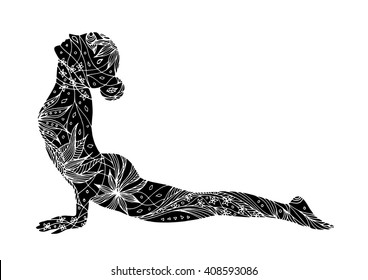 Upward Facing Dog Yoga Pose, Urdhva Mukha Svanasana, yoga position posture, hand drawn vector, 7 chakra flower floral symbol concept