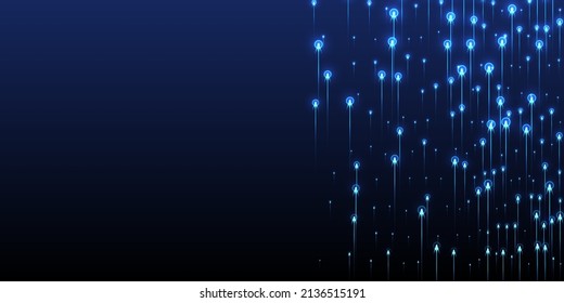 Vector de flujos de datos de vigas de línea de brillo ascendente. Partículas geométricas de neón azul brillante. Las líneas de ciencia social se mueven con un patrón innovador. Fondo progresivo de flujos de datos.