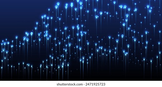 Concepto de flujos de datos de haces de línea con brillo ascendente. Partículas de flash azul de neón. Líneas de tecnología de la información movimiento ilustración innovadora. Los datos fluyen en un contexto complejo.