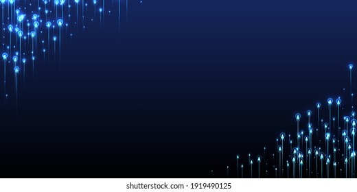 Upward glowing line rays fiber optics concept. Geometric neon blue glowing particles. Electronic technology vertical lines innovative pattern. Fiber optics modern background.