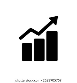 Upward graph arrow over building symbolizing growth in black filled design