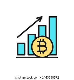 Upward graph, bitcoin coin, cryptocurrency flat color icon.