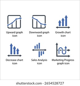 Gráfico para cima, Gráfico para baixo, Gráfico de crescimento, Gráfico de diminuição, Análise de vendas, Gráfico de progresso, ícone