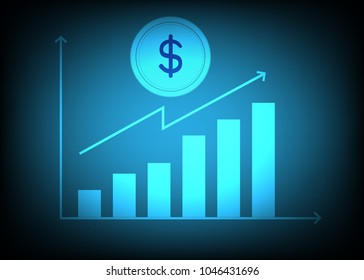 upward graph growing bars graphic chart increase and Dollar coin money on dark blue background vector illustrations