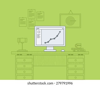 Upward graph shown on the screen of office computer monitor. Office table and accessories on a green background. Vector illustration in flat design. Business growth concept