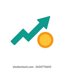 Upward Green Arrow with Gold Coin Symbol on White Background Representing Business Growth or Financial Increase