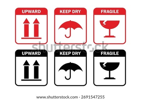 Upward, Keep Dry, and Fragile warning sign with pictogram in red and black on white background can be use for parcel shiping cargo vulnerable cargo print and attach vector eps.