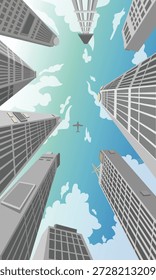 Upward perspective vector illustration of modern skyscrapers surrounding blue sky with clouds and airplane
