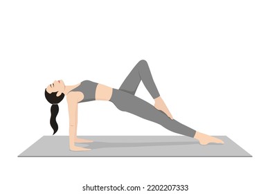 Upward Plank Pose Foot On Knee. Beautiful girl practice Purvottanasana Foot On Knee. Young attractive woman practicing yoga exercise. working out, black wearing sportswear, grey pants and top, indoor