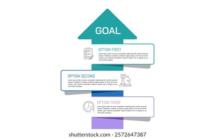 Upward pointing arrow infographic with 3 options to success. Presentation, Report, Data, Plan and Strategy.Vector illustration.