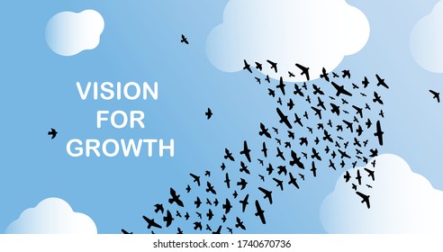Upward pointing arrow made from birds in sky and words VISION FOR GROWTH, vector illustration. Panorama
