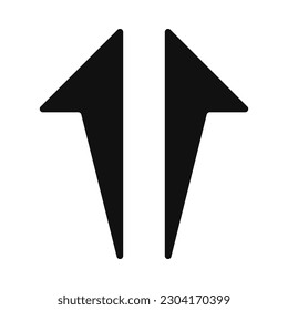 Upward pointing, rounded split bursting arrow. A black direction symbol is sliced into two. Isolated on a white background.