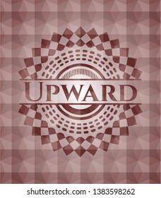 Upward red emblem or badge with abstract geometric pattern background. Seamless.