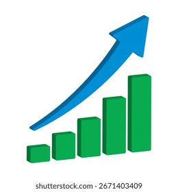 Upward stepping 3d blue arrow. Growth Bar green stairs step to growth success vector illustration on white. Progress way and forward achievement creative concept. 3d Bar graph of green bars.