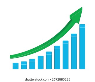 Upward stepping 3D blue arrow. Growth bar with green stairs, step to growth success vector illustration on white. Progress way and forward achievement creative concept. 3D bar graph of green bars.