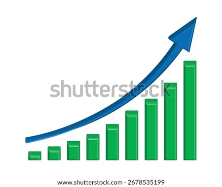 Upward stepping 3D blue arrow. Growth bar with green stairs, step to growth success vector illustration on white. Progress way and forward achievement creative concept. 3D bar graph of green bars.