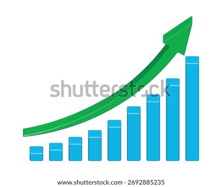 Upward stepping 3D blue arrow. Growth bar with green stairs, step to growth success vector illustration on white. Progress way and forward achievement creative concept. 3D bar graph of green bars.