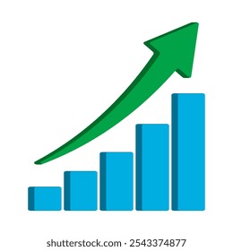 Upward stepping 3d green arrow. Growth Bar blue stairs step to growth success vector illustration on white. Progress way and forward achievement creative concept. 3d Bar graph of blue bars.