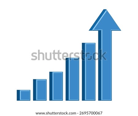 Upward stepping blue 3D arrow. Growth bar with blue stairs symbolizing progress and success. 3D bar graph illustration on white background. Concept of progress and achievement. EPS 10.