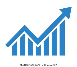 Upward stepping blue arrow. Growth Bar blue stairs step to growth success vector illustration on white. Progress way and forward achievement creative concept. Bar graph of blue bars.