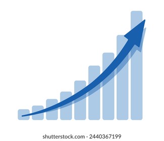 Flecha azul que camina hacia arriba. Escaleras azules de la barra de crecimiento paso a la ilustración vectorial del éxito del crecimiento en blanco. Progresar camino y avanzar logro concepto creativo. Gráfico de barras azules.