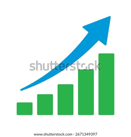 Upward stepping blue arrow. Growth Bar green stairs step to growth success vector illustration on white. Progress way and forward achievement creative concept. Bar graph of green bars.