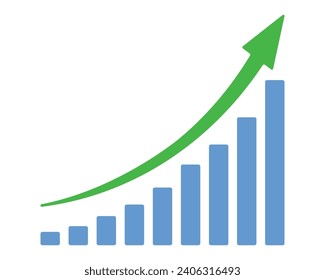 Nach oben steigender grüner Pfeil. Growth Bar Blue Treppen treten zu Wachstum Erfolg Vektorgrafik auf weiß. Kreatives Konzept des Fortschritts und der Errungenschaften. Balkendiagramm der blauen Balken.