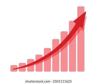 Upward stepping red arrow. Growth Bar red stairs step to growth success vector illustration on white. Progress way and forward achievement creative concept. Bar graph of red bars.
