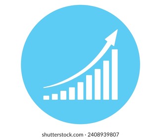 Upward stepping white arrow in blue circle. Growth Bar white stairs step to growth success vector illustration on white. Progress way and forward achievement creative concept. Bar graph of white bars.