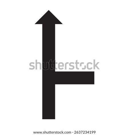 Upward straight arrow with side branch symbol, representing optional route, junction, or flow in process. Suitable for diagrams, roadmaps, UX, UI icons, or abstract navigation vector use.