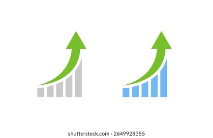 Gráfico de tendencia ascendente con barras de colores y flecha verde. Símbolo del crecimiento económico y del progreso de los datos