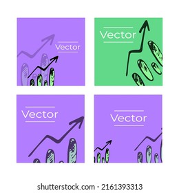 Upward trend graph sketch vector set of illustrations. Bull market rise hand drawn square background. Growth diagram media banner