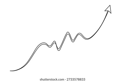 Gráfico de linha de tendência ascendente com uma seta mostrando o progresso do crescimento e o financiamento do desenvolvimento de negócios