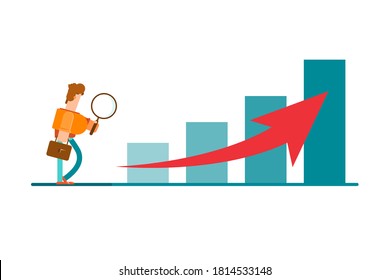 Upward trend movement. Movement towards success. Search for success. Businessman looks through a magnifying glass.