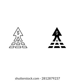 Upward trending dollar sign in a triangle with illustration of an upward trending dollar sign