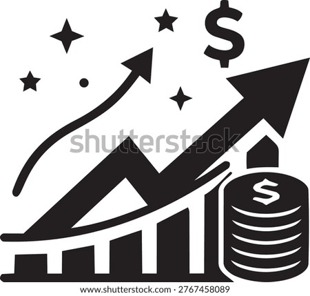 Upward trending graph symbolizing financial success. Stacked coins and stars indicate profit and prosperity. Represents investment, economy, and wealth.