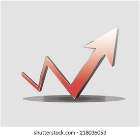 Upward trending red dimensional zigzag arrow on a business graph showing growth improvement success and development. Vector illustration of diagram with red arrow going up 