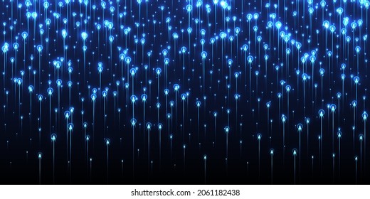 Vector de flujos de datos de vigas verticales ascendentes. Partículas eléctricas de neón de tecnología azul. Fondo de pantalla innovador de las líneas de tecnología electrónica. Los datos fluyen a un fondo moderno.