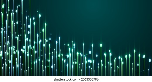 Upward vertical line beams data flows concept. Geometric neon teal light particles. Social science vertical lines visual wallpaper. Data flows advanced backdrop.