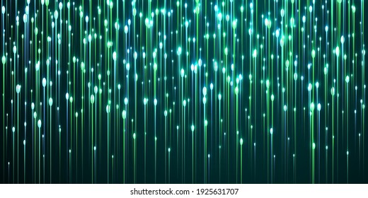 Upward vertical line beams fiber optics vector. Tech neon teal radiance particles. Scientific vertical lines innovative design. Fiber optics compound background.