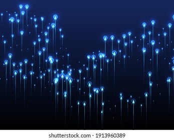 Upward vertical line rays data flows concept. Geometric neon blue electronic particles. Social science lines movement innovative pattern. Data flows compound backdrop.