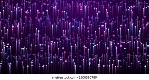 Upward vertical line rays data flows concept. Tech neon purple luminous elements. Electronic technology vertical lines visual illustration. Data flows cool background.